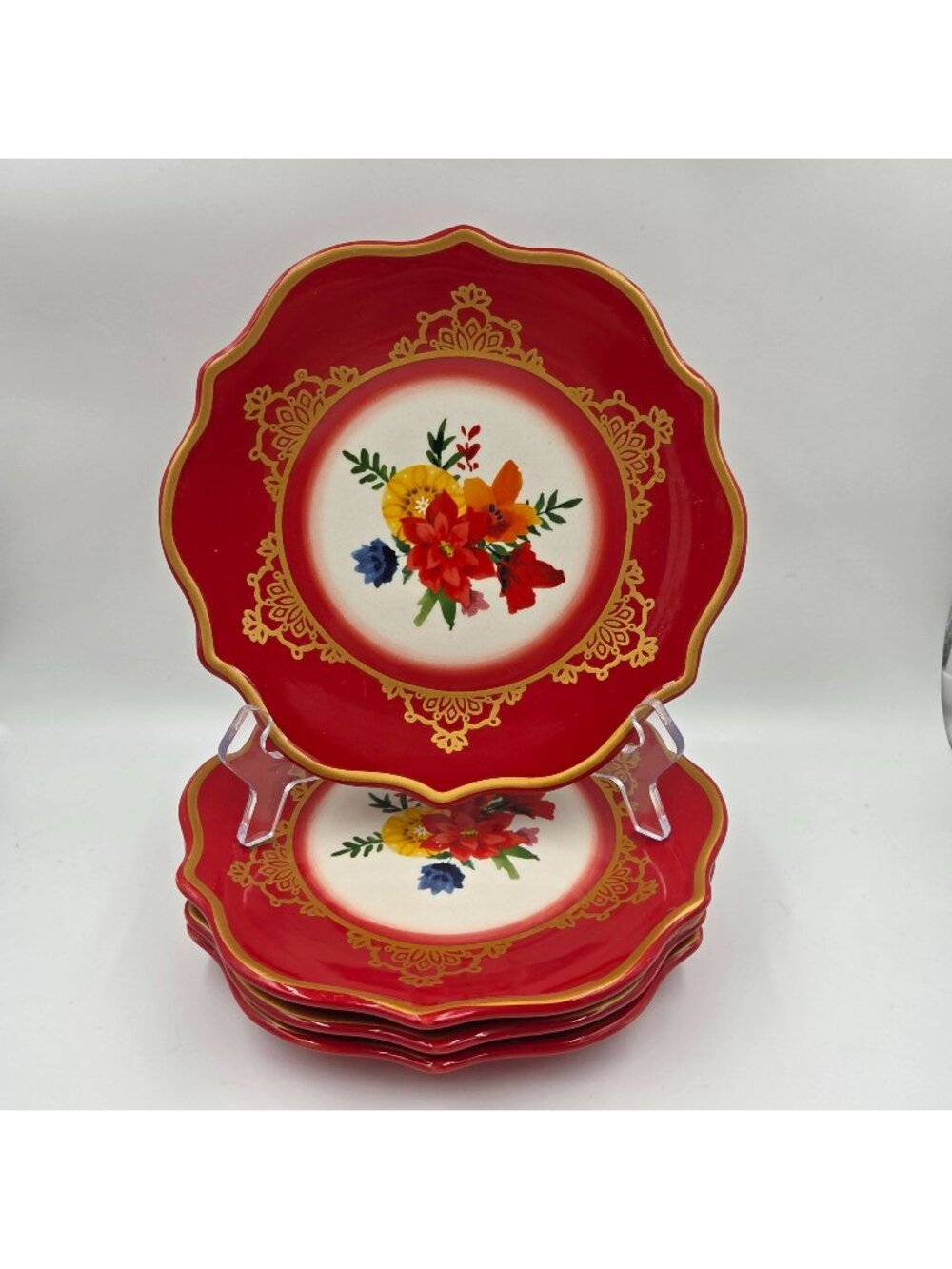 Pioneer Woman Winter Bouquet Set of 2 Salad Plate Red Trim with Gold Scrolls